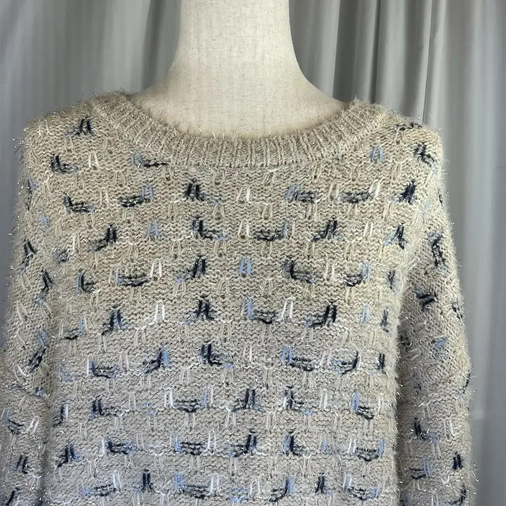 NWT Womens Maurices Sweater Size Beige Feathered MED Blue Accents - Picture 2 of 9